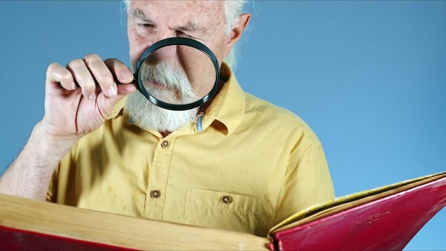 A person carefully inspecting a comic book with a magnifying glass. The focus is on examining the condition of the comic and looking for any signs of wear or damage.