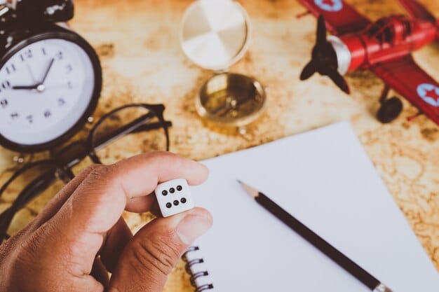 A close-up shot of hands playing a tabletop role-playing game with miniatures, dice, and character sheets spread across the table.