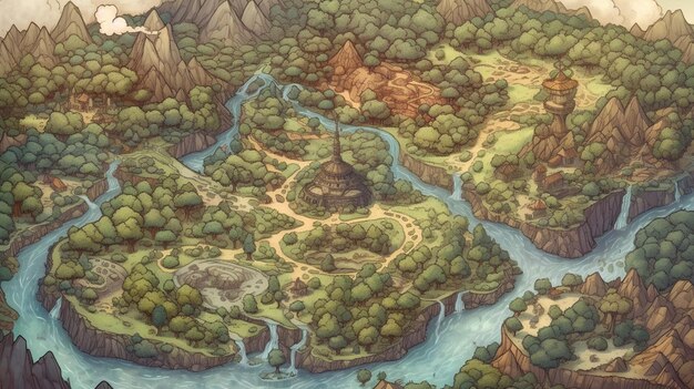 An overhead view of a hand-drawn map depicting a fantasy world with forests, mountains, rivers, and settlements. The map is detailed and intricate, showing the different terrains and landmarks. The style is reminiscent of classic fantasy cartography.
