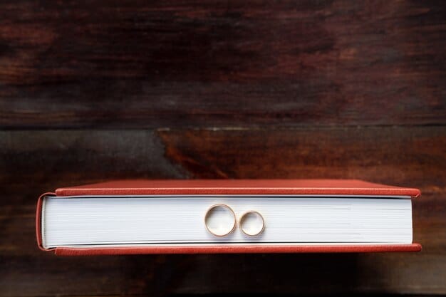 Two wedding rings displayed on top of a stack of comic books or a gaming console controller, symbolizing the couple's shared passion for geeky interests.