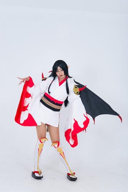 A full-length shot of a cosplayer striking a dynamic pose, showcasing their completed costume and wig. The background is a professional studio setting with soft lighting, emphasizing the vibrant colors and intricate details of the cosplay.