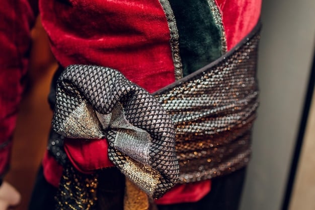 A close-up of a cosplayer's intricate hand-sewn costume, showing the fine details, textures, and craftsmanship involved in creating a cosplay outfit. Focus on fabric and construction.