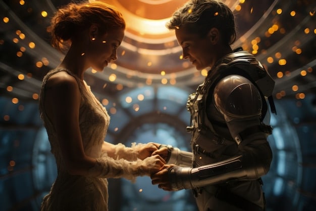 A wedding ceremony where the officiant is dressed as a Jedi Knight, holding a lightsaber. The couple is smiling and holding hands.