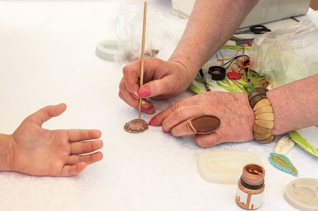 A close-up shot of a cosplayer's hands meticulously working on a detailed prop weapon, with various crafting tools and materials scattered around the workspace.