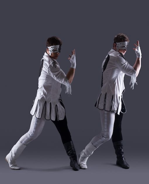 A split screen showing a cosplayer struggling with a complex costume piece on one side and then triumphantly posing in the finished cosplay on the other side.