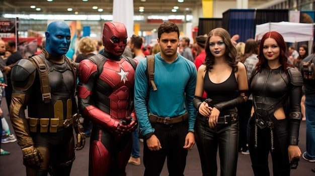 Cosplayers participating in a group cosplay of the Avengers, showcasing various characters like Iron Man, Captain America, and Black Widow. Each costume is meticulously crafted with detailed armor and fabric work, highlighting the collaborative spirit and diversity within the cosplay community.