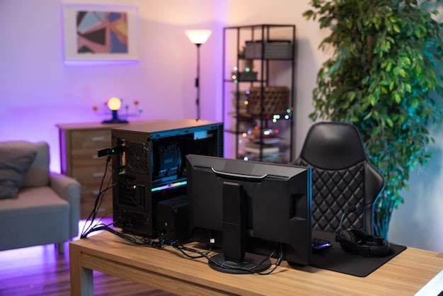 A brightly lit home office featuring multiple computer monitors, a custom-built gaming PC with vibrant RGB lighting, and various geek-themed collectibles such as figurines, posters, and comic books. The setup denotes a dedicated and immersive tech workspace.