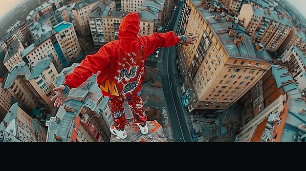 A cosplayer dressed as Spider-Man, striking a dynamic pose against a cityscape backdrop. The costume is highly detailed and realistic, showcasing the cosplayer's craftsmanship.