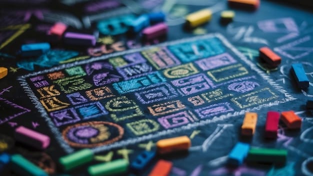 A vibrant and colorful image of a Codenames game in progress. The word cards are laid out on a table, and players are shown engaged in lively discussion, gesturing and pointing as they try to decipher the clues.