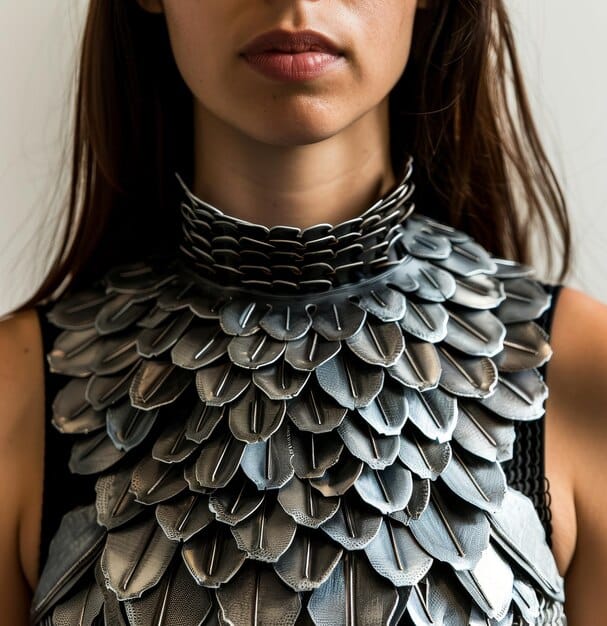 A close-up photograph showcasing the intricate details of a cosplay costume, such as handcrafted armor, detailed stitching, or a complex prop weapon. The image focuses on the craftsmanship and artistry involved in creating a high-quality cosplay outfit.