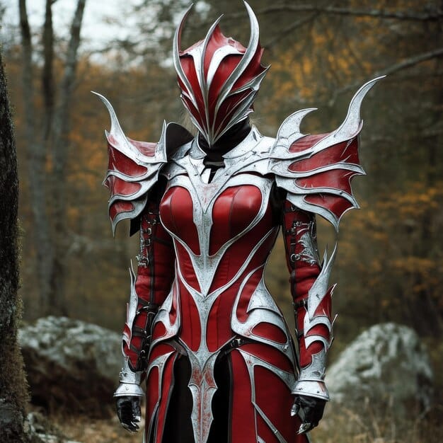 A cosplayer wearing a detailed suit of armor made from EVA foam, showcasing intricate designs and paintwork.