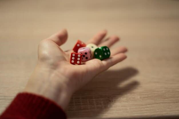 A close-up of someone's hands playing a complex tabletop game with miniatures, dice, and maps. The lighting is warm and inviting, creating a sense of immersion.