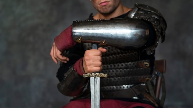 A close-up shot shows a cosplayer meticulously working on a piece of armor for their costume in a well-lit workshop. Various tools and materials are scattered around the workspace, highlighting the craftsmanship involved in cosplay.
