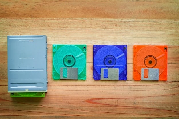 A collection of vintage floppy disks of various sizes and colors, stacked neatly on a table. The image highlights the iconic storage medium of early personal computers.
