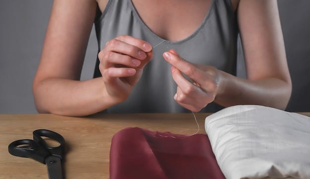 A close-up of a cosplayer's hands as they meticulously sew a piece of fabric for their costume. The background is filled with various sewing tools and materials, emphasizing the craftsmanship involved in cosplay.
