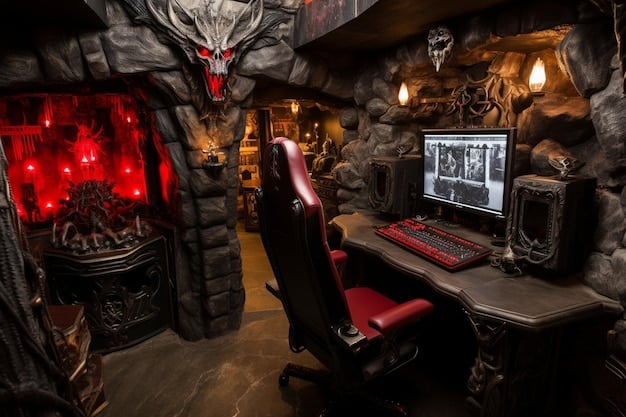 A comfortable and inviting gaming setup, with a gaming table covered in a battle map, miniatures of characters and monsters, rulebooks, character sheets, dice, and snacks. The lighting is warm and ambient, creating an immersive atmosphere for a tabletop role-playing game session.