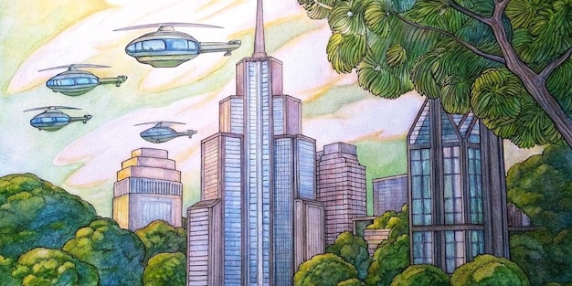 A futuristic cityscape with towering skyscrapers intertwined with lush greenery and flying vehicles. The sky above is a mix of vibrant colors, suggesting advanced technology and a thriving civilization.