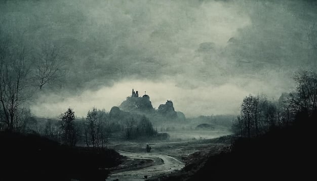 An image featuring Ethan Clark's artwork depicting a dark castle emerging from a misty landscape, with intricate gothic architecture and ominous clouds, demonstrating his mastery of gothic fantasy art.