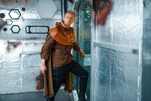 A cosplayer wearing futuristic armor stands confidently at the end of a path. The path leading up to the cosplayer creates a leading line, drawing the viewer's eye towards the subject and enhancing the sense of depth in the photograph.