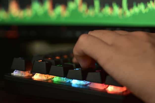A close-up of a composer working on a digital audio workstation (DAW), with various waveforms and sound editing tools visible on the screen. The composer is focused, adjusting parameters and fine-tuning the music.