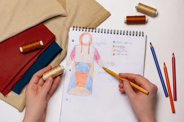 A close-up shot of someone sketching costume designs in a notebook with various fabric swatches, reference images, and pattern-making tools scattered around. The hands are visible, actively drawing and making notes.