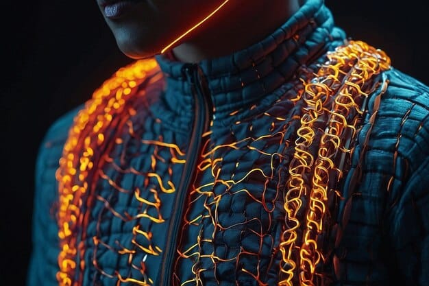 A close-up shot of a person wearing a jacket with subtle, embossed patterns inspired by circuitry and futuristic designs, conveying a cyberpunk aesthetic.