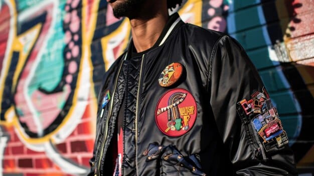 A person wearing a bomber jacket with patches and pins featuring different video game characters and logos, showcasing a customizable and personalized style.