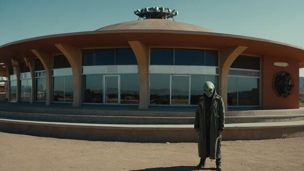 The exterior of the International UFO Museum and Research Center in Roswell, New Mexico, with its distinctive signage and exhibits visible through the windows, enticing visitors to explore the mysteries within.