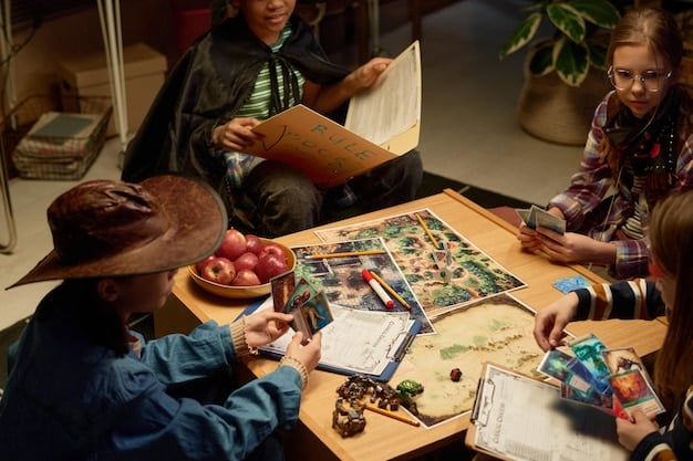 A group of board game enthusiasts engrossed in a complex tabletop game at a local game store. Tables are covered with game boards, cards, and miniatures.