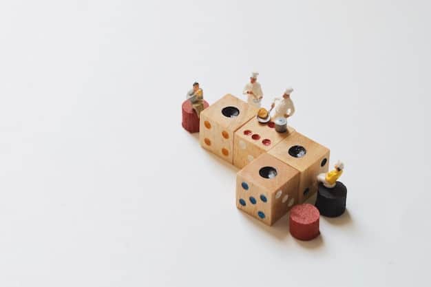 A variety of dice sets scattered on a table next to character miniatures, illustrating the balance between chance and strategy in tabletop RPGs.