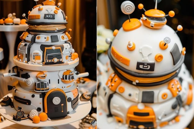 A wedding cake decorated with edible Star Wars characters and a fondant Millennium Falcon topper, displayed on a table with Star Wars-themed cupcakes and cookies.