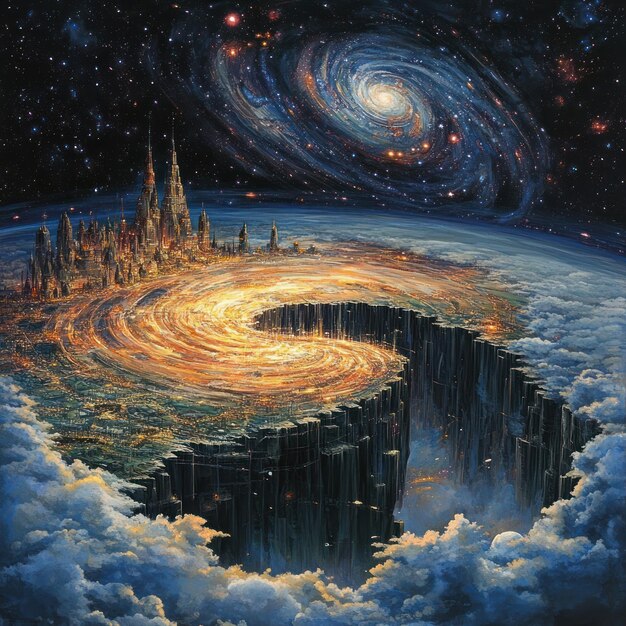 A digital painting depicting a vast space scene with swirling nebulae and a massive, ancient spaceship at the center. The color palette is dominated by blues, purples, and hints of orange to create a sense of wonder and mystery.