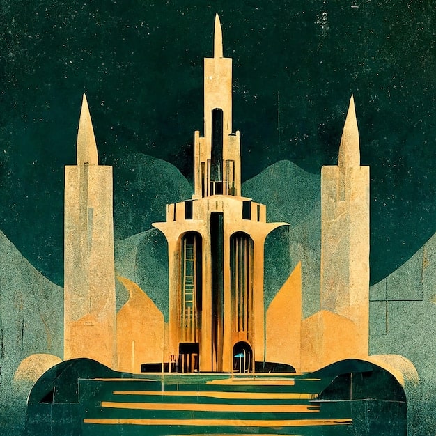 A futuristic city skyline with towering, ornate structures that blend art deco and alien aesthetics. The sky is filled with flying vehicles, and the overall ambiance is vibrant but also conveys a sense of imperial grandeur and underlying tension.