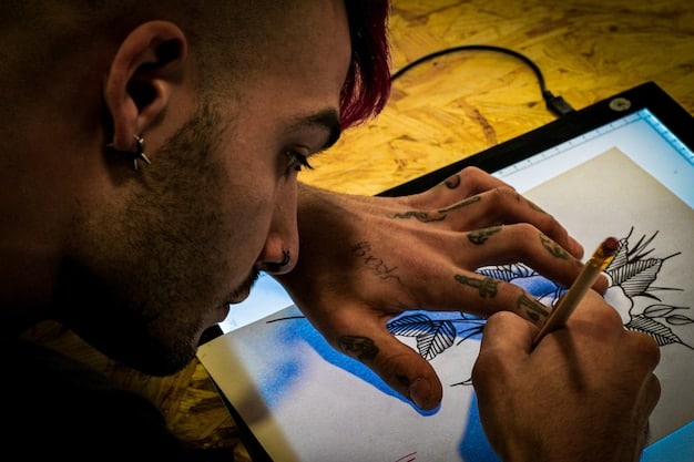 A portrait of a young artist in their studio, surrounded by digital art equipment and fantasy-themed sketches. The artist is smiling and holding a digital pen.