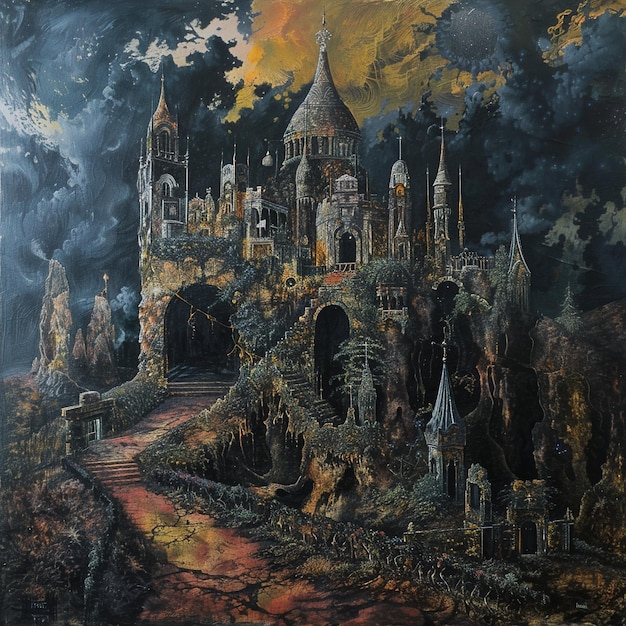 A detailed oil painting depicting a dark fantasy scene with monstrous creatures and shadowy figures in a decaying medieval city. The painting uses a dark and muted color palette.