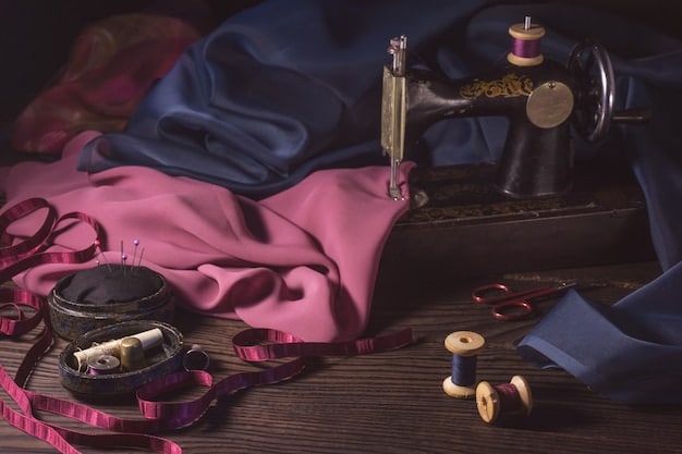 A close-up shot of a well-organized cosplay workstation, featuring sewing machines, fabrics, scissors, crafting tools, and various props in progress, illuminated by a bright lamp.