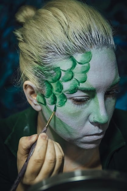 A detailed shot of a cosplayer applying intricate makeup, using professional tools and high-quality products. The image highlights the transformative power of makeup in cosplay.