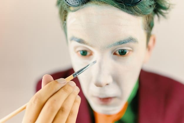 A close-up shot of a cosplayer carefully applying makeup to achieve a specific character's look. The focus is on the precision and artistry involved in the transformation.