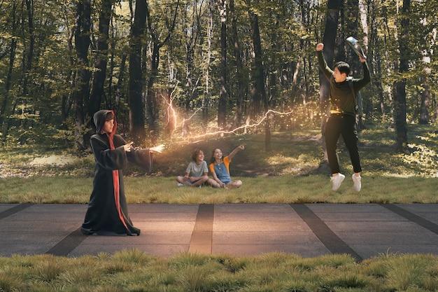 A photographer adjusting the reflector to bounce light onto a cosplayer dressed as a medieval knight in a public park. The sun is setting in the background, casting a golden glow on the scene.