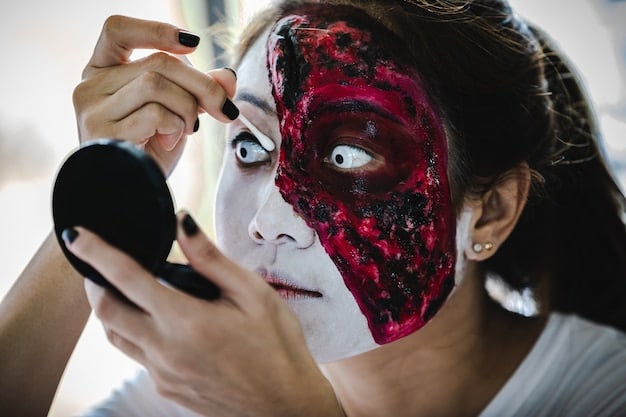 A cosplayer applying intricate makeup to their face, transforming themselves into a character. The cosplayer is using a variety of makeup products and tools.