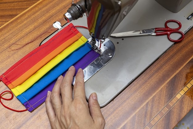 A close-up of a sewing machine in operation, with a cosplayer carefully guiding fabric through the needle. Various sewing tools and colorful threads are visible around the machine.
