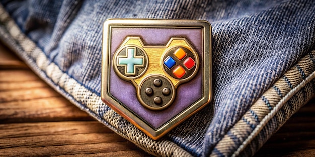 A close-up shot of several enamel pins featuring various geeky themes, such as video game characters, comic book logos, and science fiction symbols, attached to a denim jacket lapel.