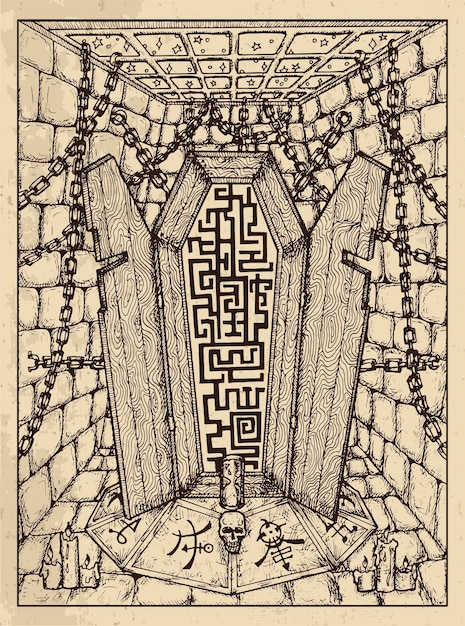 A detailed sketch of a dungeon map, filled with traps, secret passages, and various monster symbols. It has a classic, hand-drawn feel, evoking the sense of exploration and danger.