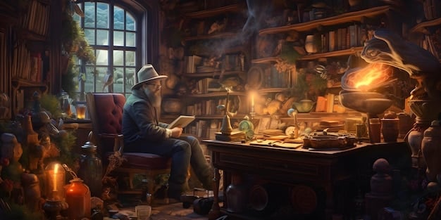 A gaming master or dungeon master sits behind their desk, filled with campaign books and notes alongside a headset and a cup of coffee. The scene is lit with a desk light, highlighting their focused and creative workspace.