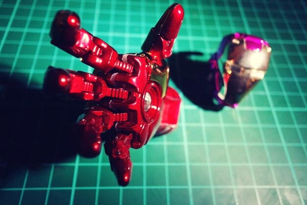 A close-up shot of a cosplayer meticulously crafting a detailed gauntlet for their Iron Man costume, showcasing the intricate process of prop creation.