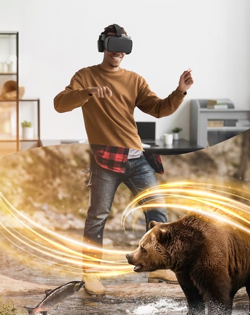 A person wearing a virtual reality headset, fully immersed in a digital world, with visible excitement and wonder on their face, illustrating the engagement and technology-driven aspect of the modern geek lifestyle.