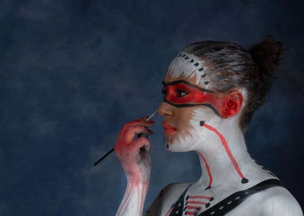 A close-up shot of a cosplayer meticulously applying makeup to transform into a specific character, showcasing the intricate details and techniques involved.