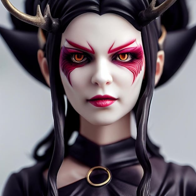 A cosplayer showcasing the completed makeup look for a character, with detailed eye makeup, contouring, and lip color that matches the character's design.