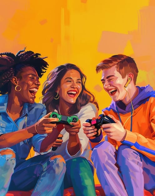 An energetic illustration of a diverse group of people enthusiastically engaging with various video games, each displaying intense focus and enjoyment. This illustration is set against a vivid, abstract gaming world backdrop, highlighting the fun and variety available in gaming.