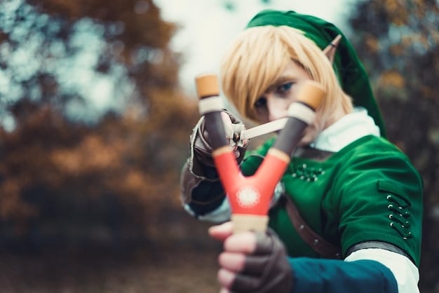 A cosplayer meticulously crafting a prop sword in their workshop, using tools like a heat gun and sandpaper to shape and smooth the foam, with safety goggles and gloves on for protection.
